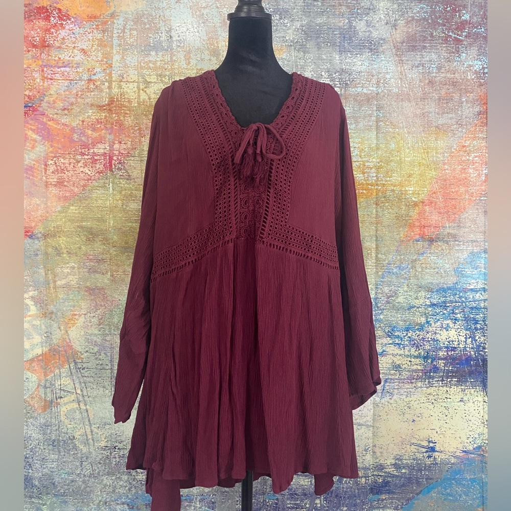 Torrid Lace Up Babydoll Top Crinkle Gauze Wine
